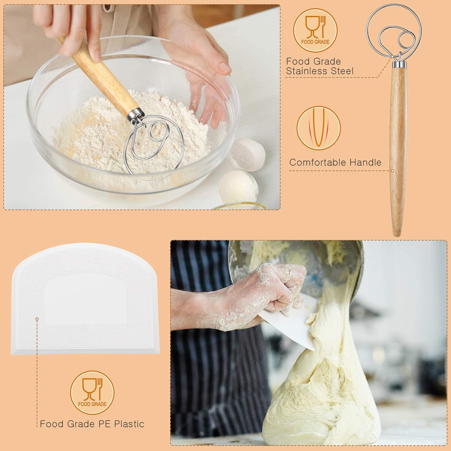 Bread Making Tools Including Danish Dough Whisk, Dough Scraper, Pastry Proofing Cloth, Bread Lame w/5 Replacement Blades