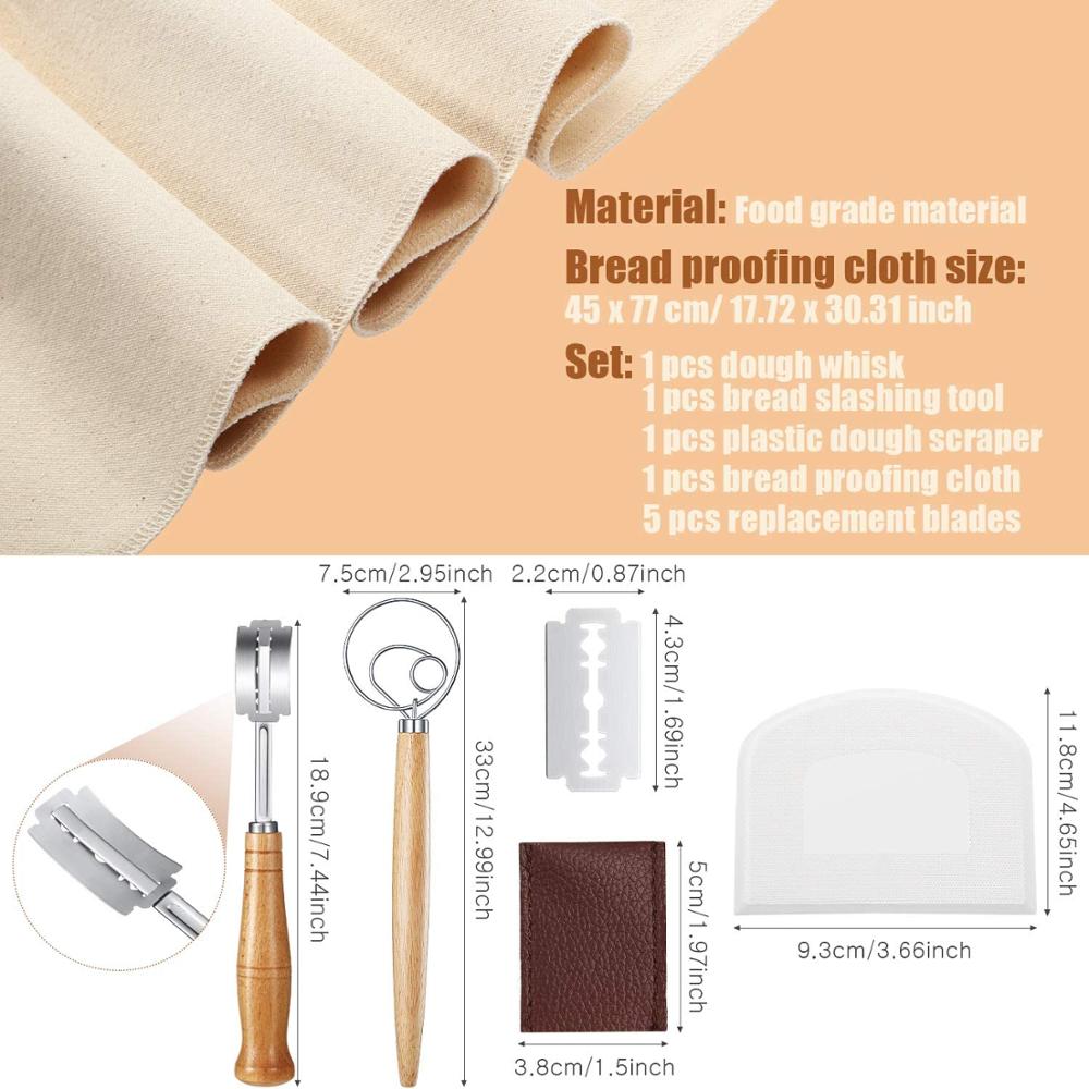 Bread Making Tools Including Danish Dough Whisk, Dough Scraper, Pastry Proofing Cloth, Bread Lame w/5 Replacement Blades