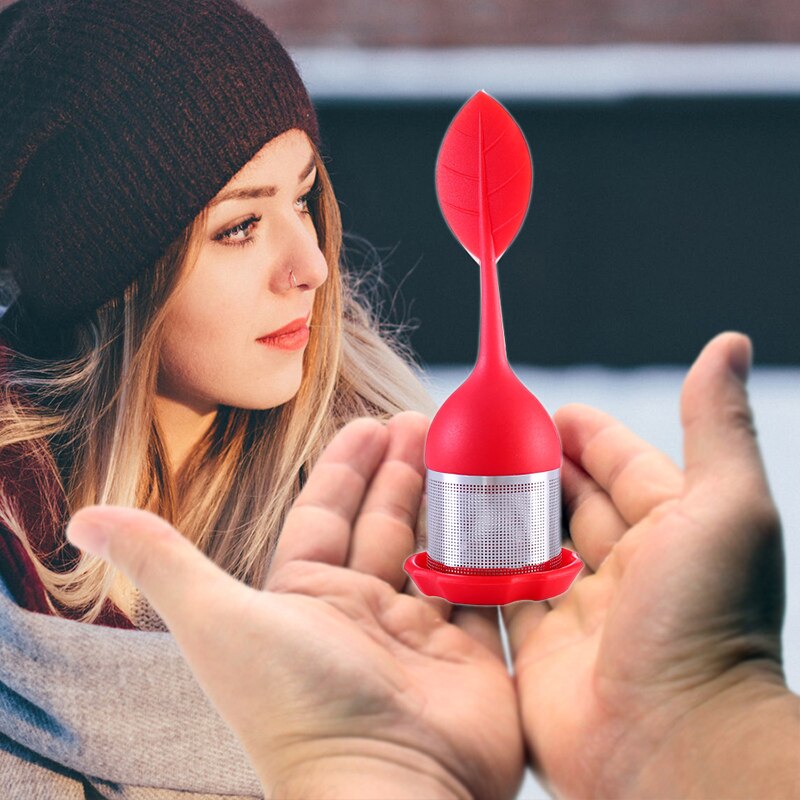 Tea Infuser - Stainless Steel Fine Mesh Tea Filter with BPA-Free Silicone Leaf Handle and Drip Tray  for all Loose Leaf Tea